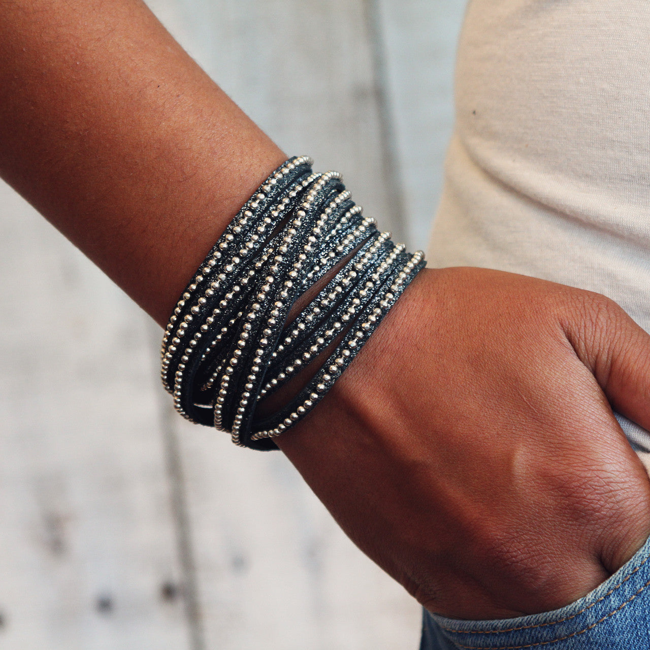 Beads Row Wrap Bracelet in Charcoal Shimmer