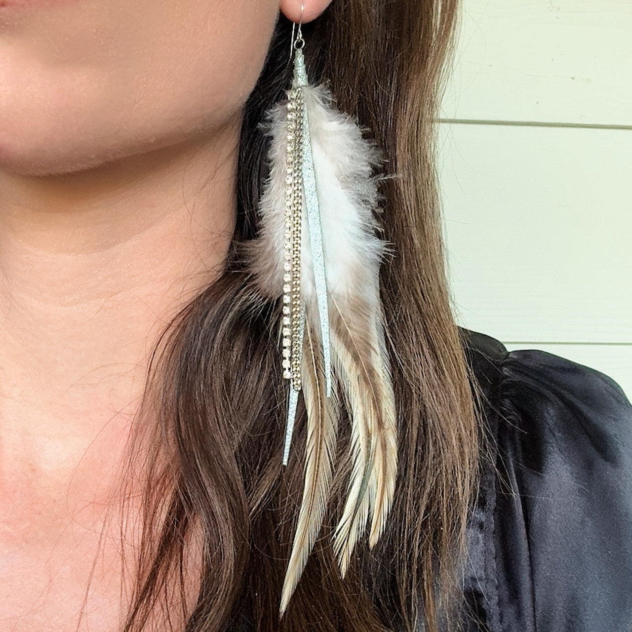 Feather Earrings in Army Shimmer