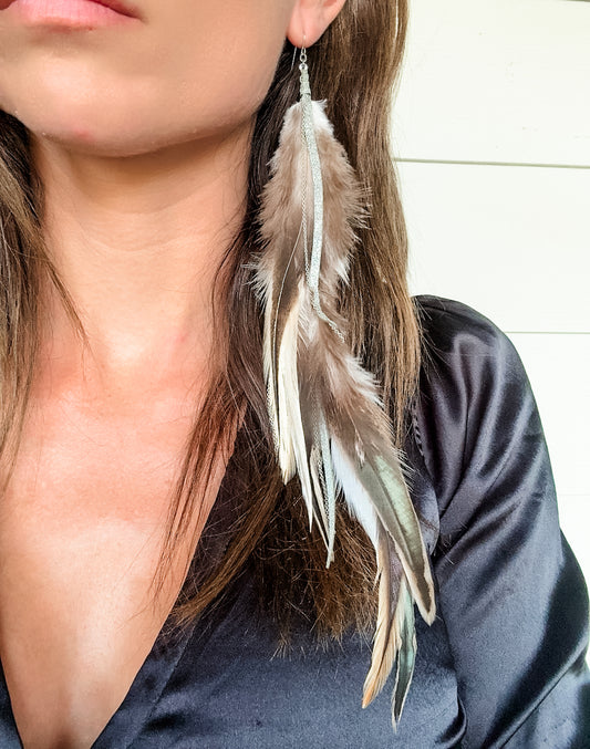 Long Feather Earrings in Army Shimmer