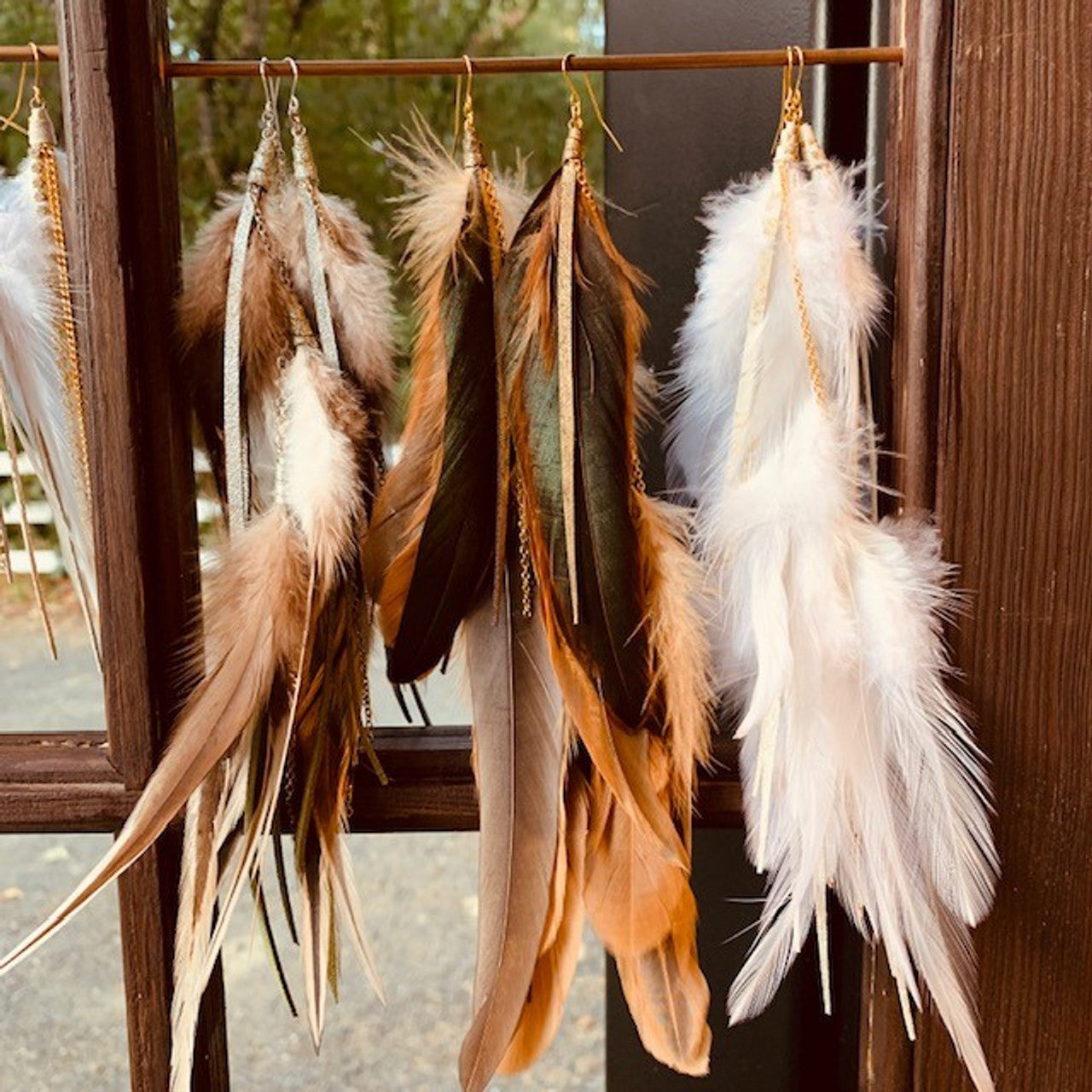 Long Feather Earrings in Army Shimmer