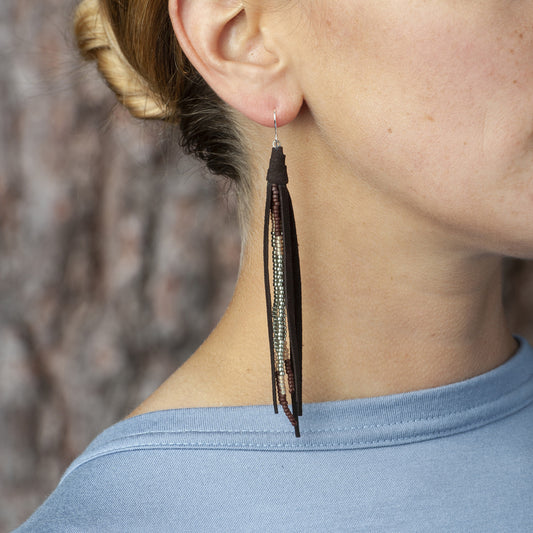 Beaded Tassel Earrings In Bean and Silver