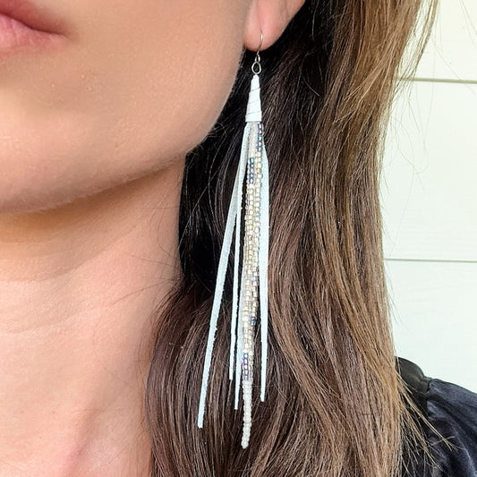 Beaded Tassel Earrings In White