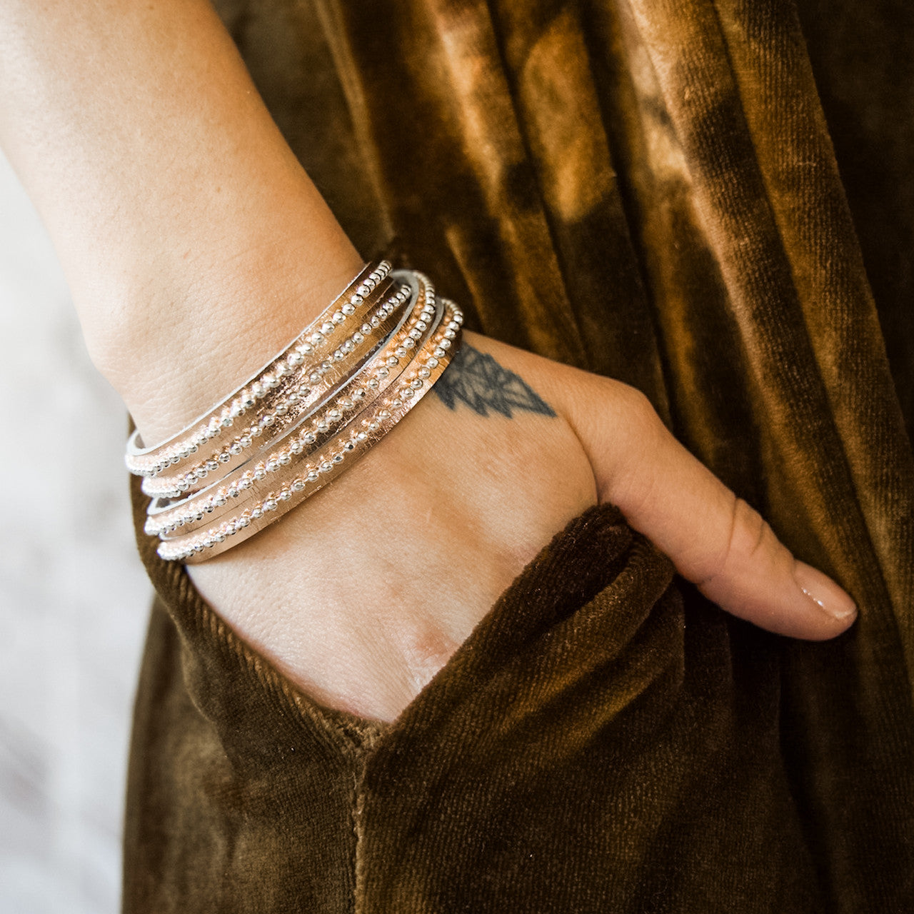 Beads Row Slender Wrap Bracelet in Rose Gold